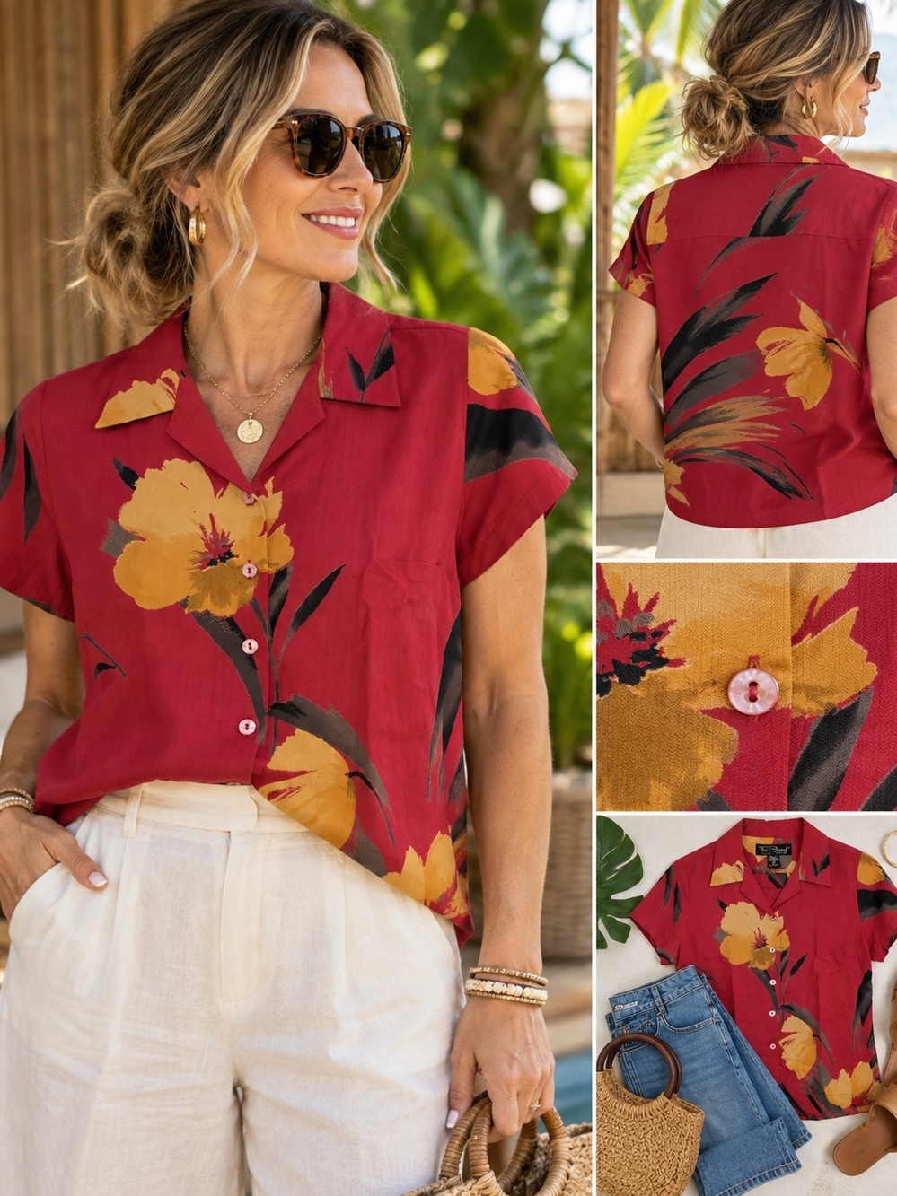 Tori Richard Honolulu 100% Silk Floral Hawaiian Shirt Women’s M Red Button Front